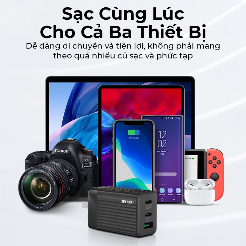 Củ Sạc Nhanh 65W GaN2 Zendure SuperPort S3 Hỗ Trợ 3 Cổng Sạc Nhanh Cho Macbook, iPhone, iPad, Dell, Thinkpad, Samsung