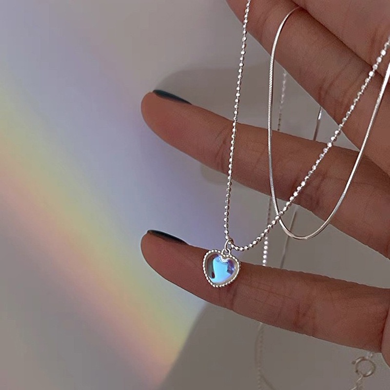 Vòng cổ Hai Lớp Mặt Đá Opal Hình Trái Tim Thời Trang Hàn Quốc