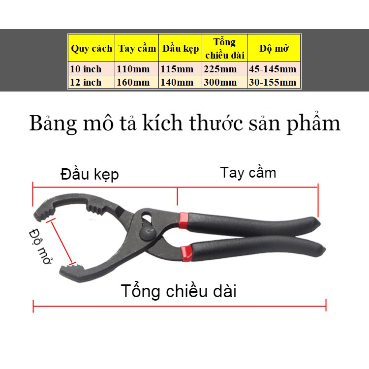 Kìm tháo đầu lọc dầu chuyên dụng 10 inch, 12 inch độ mở 30-155mm