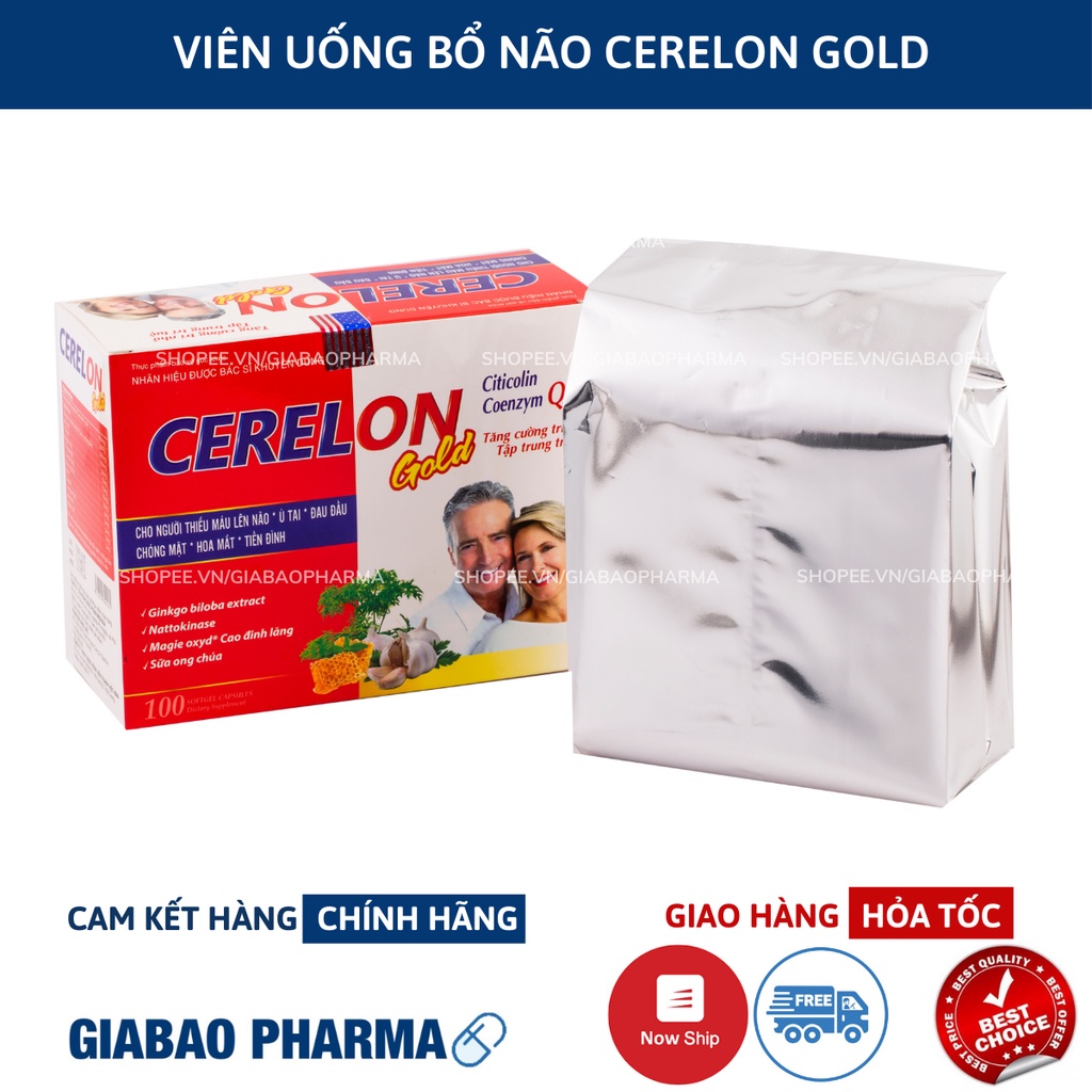 Hoạt huyết dưỡng não Ginkgo Biloba 600mg Cerelon Gold Đỏ giảm đau nửa đầu, hoa mắt, chóng mặt - Hộp 100 viên