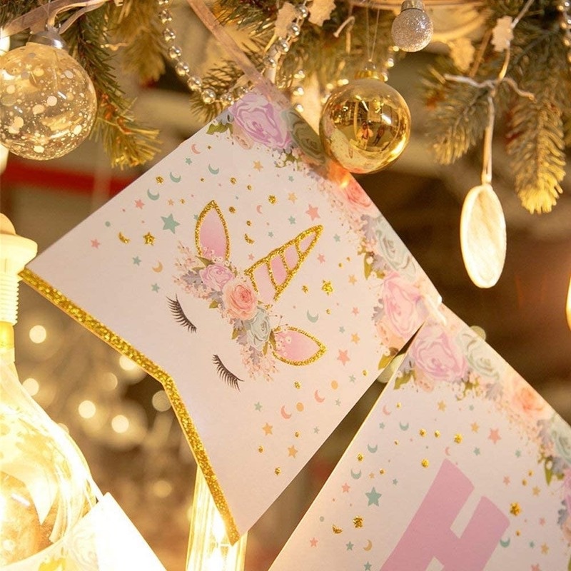 1 Set Dây Cờ Kỳ Lân Kim Tuyến Màu Hồng Trang Trí Tiệc Sinh Nhật Cho Bé