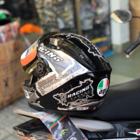 Mũ fullface AGU tem racing bạc gắn sừng - Nón bảo hiểm đi phượt