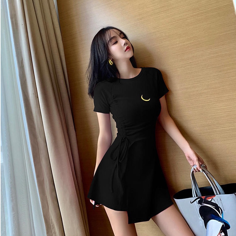 Đầm IELGY tay ngắn in họa tiết dây rút dáng ôm phong cách thời trang Hàn Quốc cho nữ
