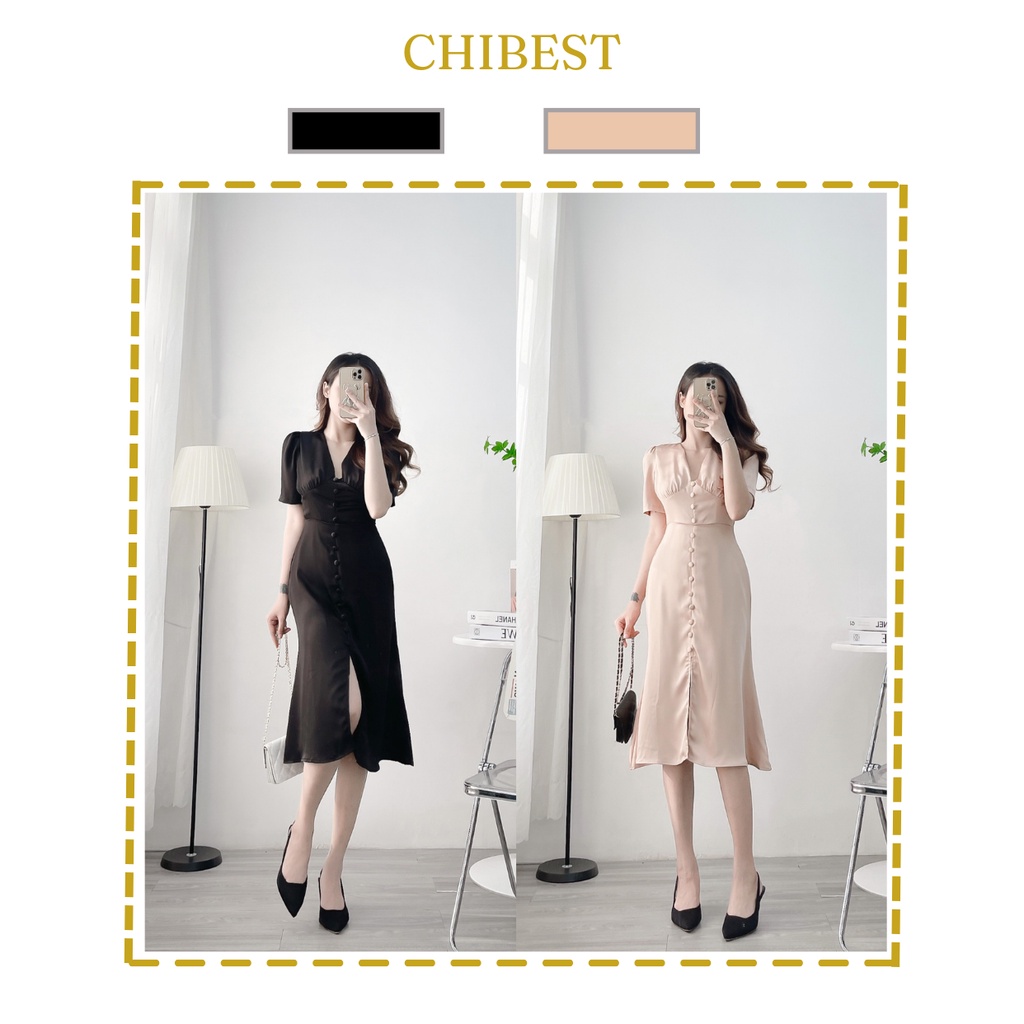 Đầm body lụa dáng dài cao cấp nút bọc xẻ line trước CHIBEST HDB813
