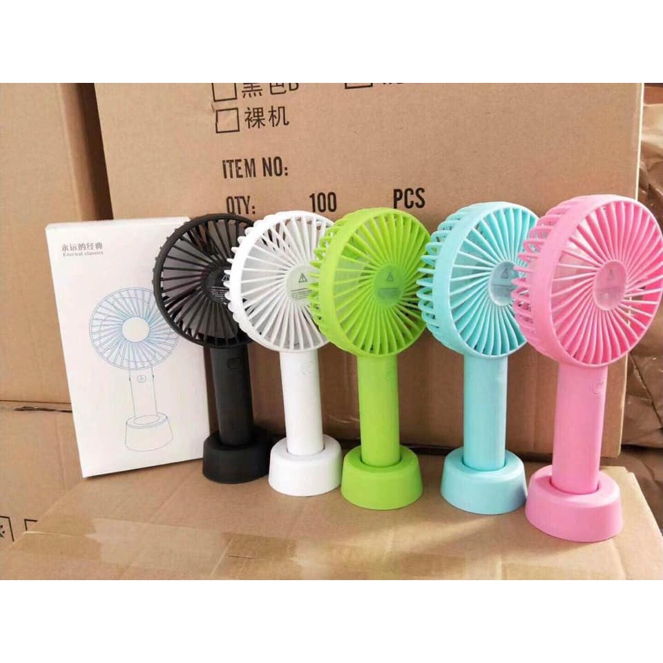 Quạt Mini Tích Điện Cầm Tay 3 Tốc Độ Kèm Pin Cáp Sạc Đế Quạt