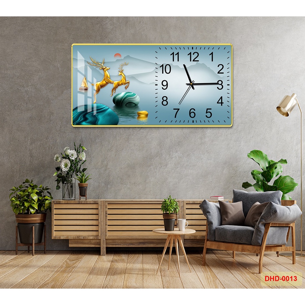 Tranh Đồng Hồ Ngang Treo Tường Hiện Đại Mặt Pha Lê Phủ Gương Cốt Gỗ Tặng Kèm Đinh 3 Chân MS DHD0013