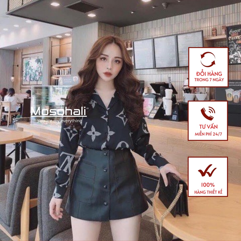Quần váy da phối khuy 2 túi trước 2 màu đen nâu thời trang mosohali