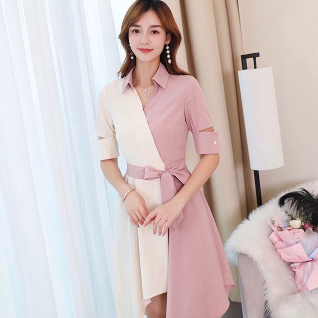 Đầm váy sơ mi Hồng Vạt Chéo Phối Trắng