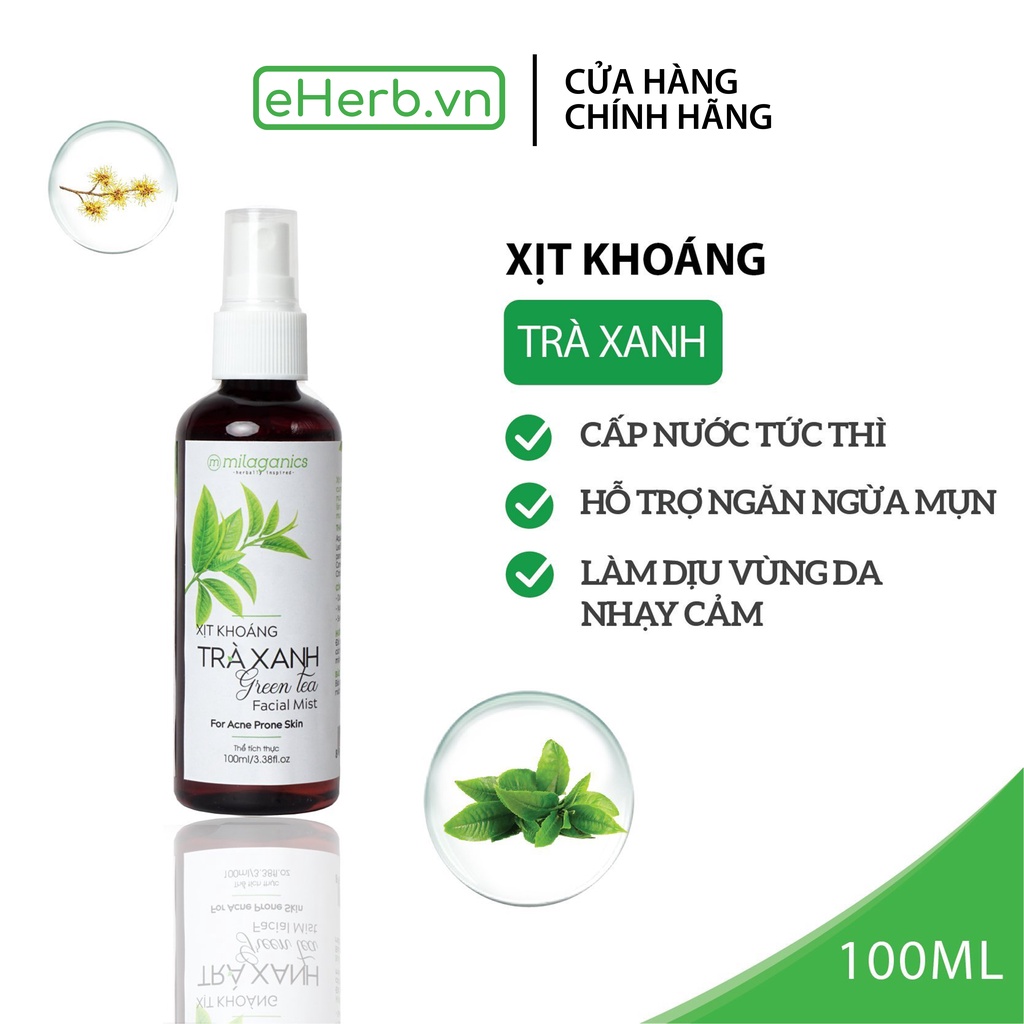Xịt khoáng dưỡng ẩm trà xanh cấp nước tức thì, dịu da, lành tính MILAGANICS 100ml (chai)