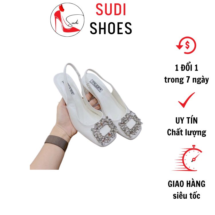 Giày cao gót 7p đế vuông slingback SUDI SHOES SD026 mũi tròn đính đá bản to màu đen trắng dễ phối đồ sang chảnh
