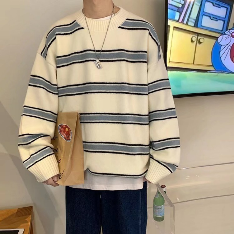 Áo Sweater Dệt Kim Cổ Tròn Tay Dài Dáng Rộng Kẻ Sọc Kiểu Hàn Quốc Thời Trang Thu Đông Cho Nam