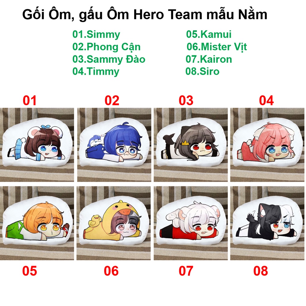 Gối bông - Gấu bông Hero Team mẫu nằm - gối in rõ - bền -đẹp (8 nhân vật)