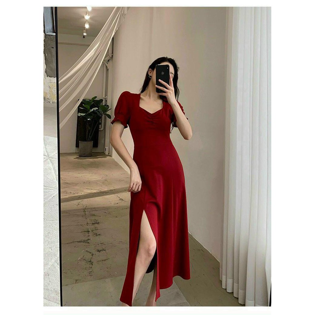 [Chất đẹp] Đầm đỏ midi nhún ngực xẻ tà 2 lớp