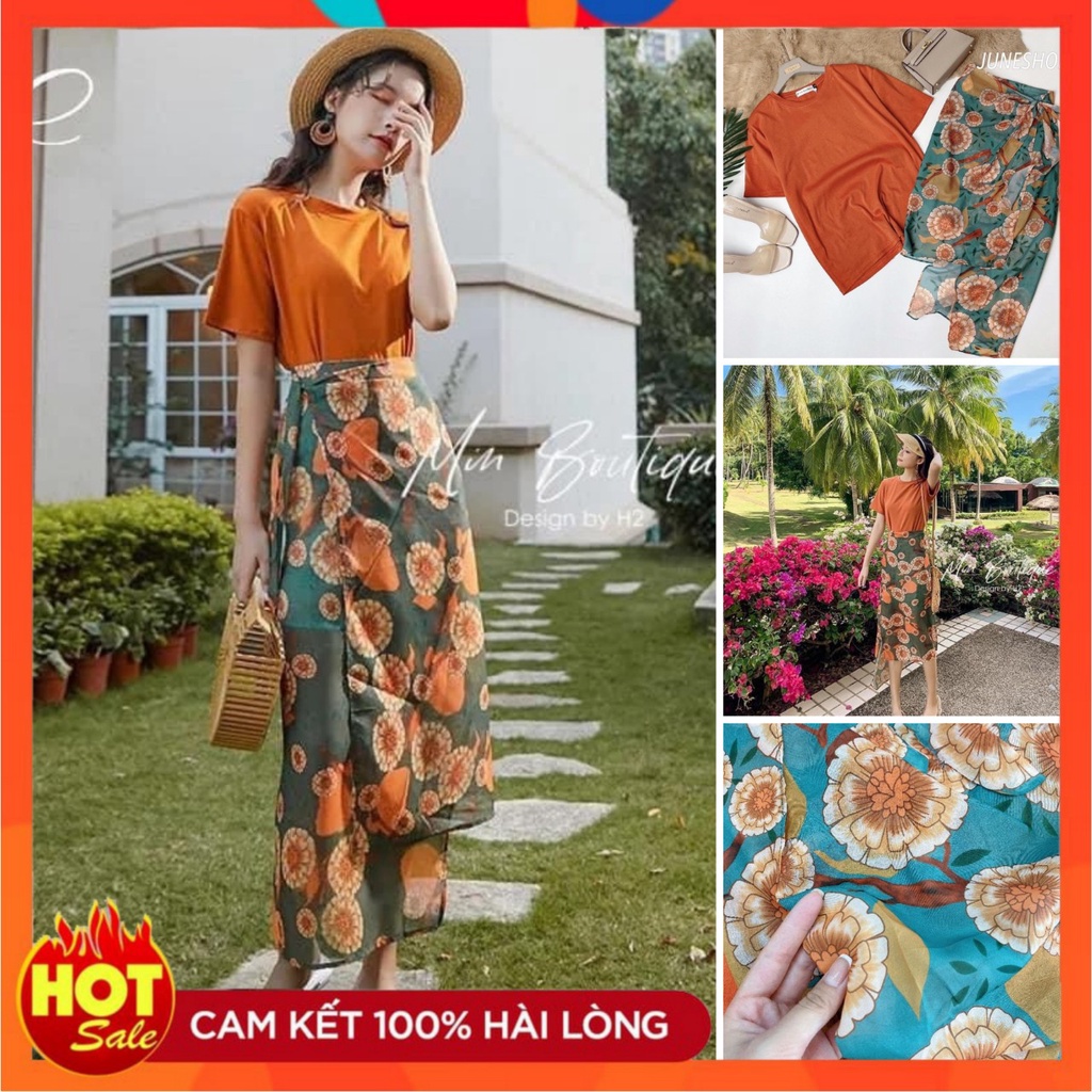 Set bộ áo thun nữ mix váy hoa xẻ tà đi biển cực xinh