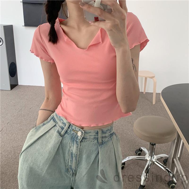 Áo Croptop Tay Ngắn Cổ Chữ V Màu Trơn Đơn Giản Phong Cách Croptop Màu Đen / Xanh Lá / Hồng / Trắng Cho Nữ