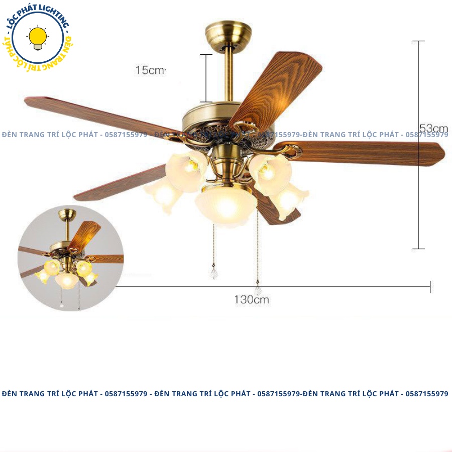 Quạt trần, quạt trần đèn cánh gỗ 5 chao sang trọng trang trí phòng khách