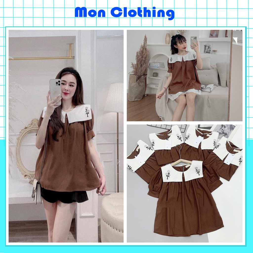 Áo Nâu Tây Cổ Vuông Thêu Hoa Áo Babydoll Nữ Cổ Trắng Xinh Xắn