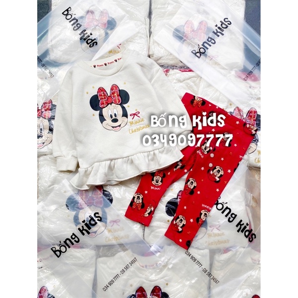 Bộ Nỉ Legging Bé Gái Minnie Nơ Đỏ Peplum PR