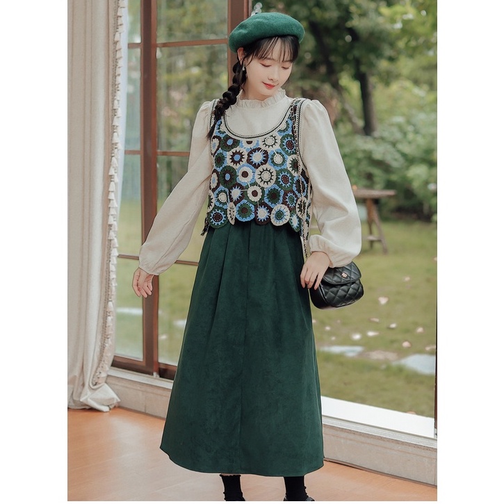 [Augustcloth] Áo gile khoác ngoài đan thêu hoa xanh phong cách Hàn Quốc | BigBuy360 - bigbuy360.vn