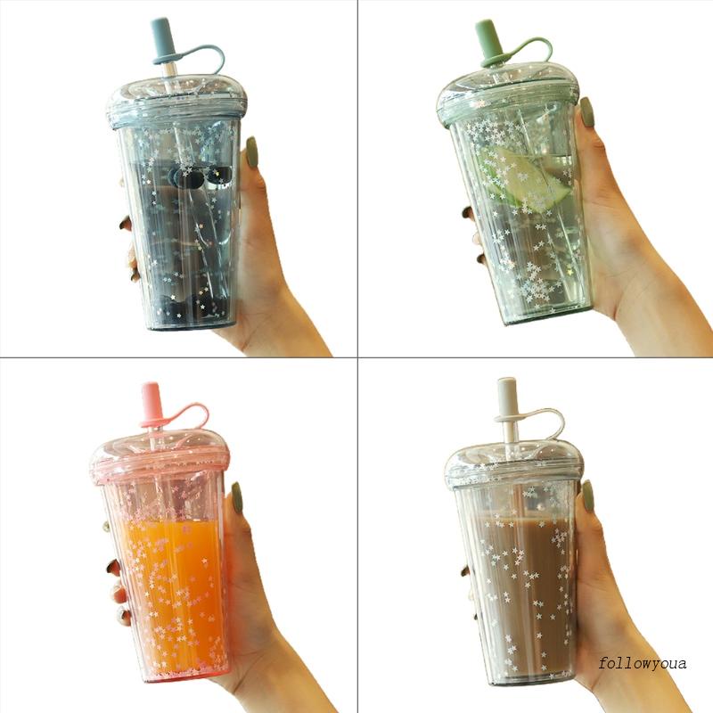 Bình Đựng Nước 420ml Bằng Nhựa Trong Suốt Thiết Kế Hai Lớp Có Thể Tái Sử Dụng Kèm Ống Hút