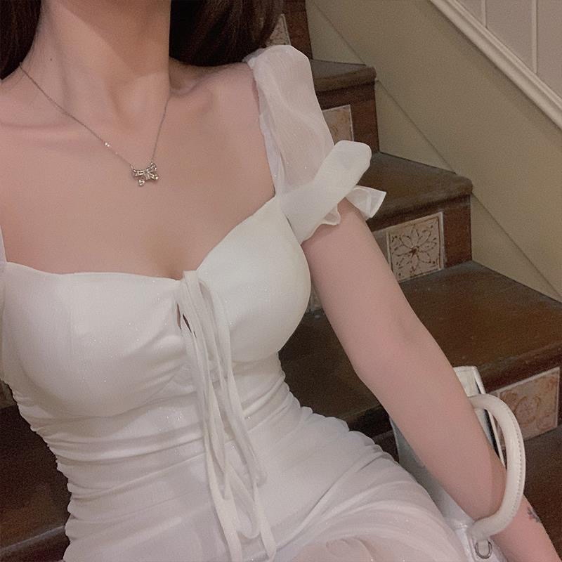 Đầm/Váy trắng cổ vuông phối dây có mút ngực | BigBuy360 - bigbuy360.vn