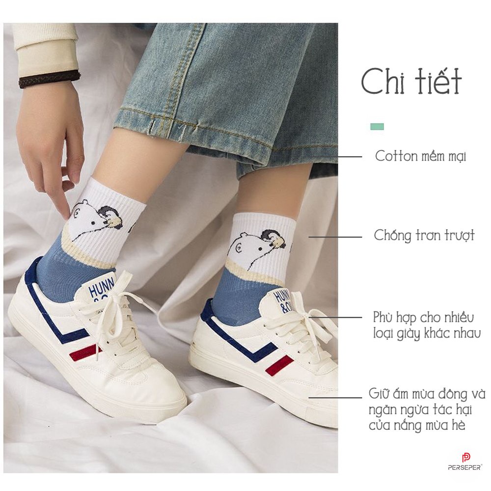 Tất cổ cao trắng họa tiết hình thú dễ thương set 5 đôi kèm túi xinh
