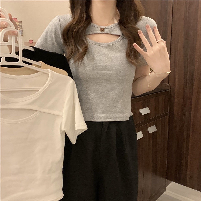 B&amp;G Áo Thun Tay Ngắn Màu Trắng Thiết Kế Khoét Lỗ Độc Đáo Thời Trang 2022 Áo phông Nữ JL-TX-159