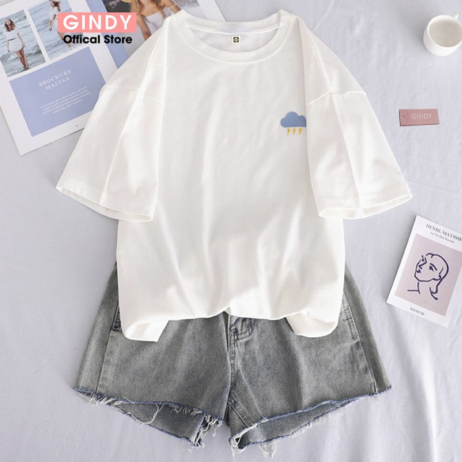 Áo phông basic nữ unisex GINDY họa tiết thời tiết cổ tròn tay lỡ unisex cotton thoáng mát thấm hút mồ hôi A20020