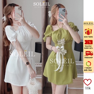 Váy cổ yếm tay phồng thắt nơ thiết kế nhún ngực chất lụa cao cấp loại 1