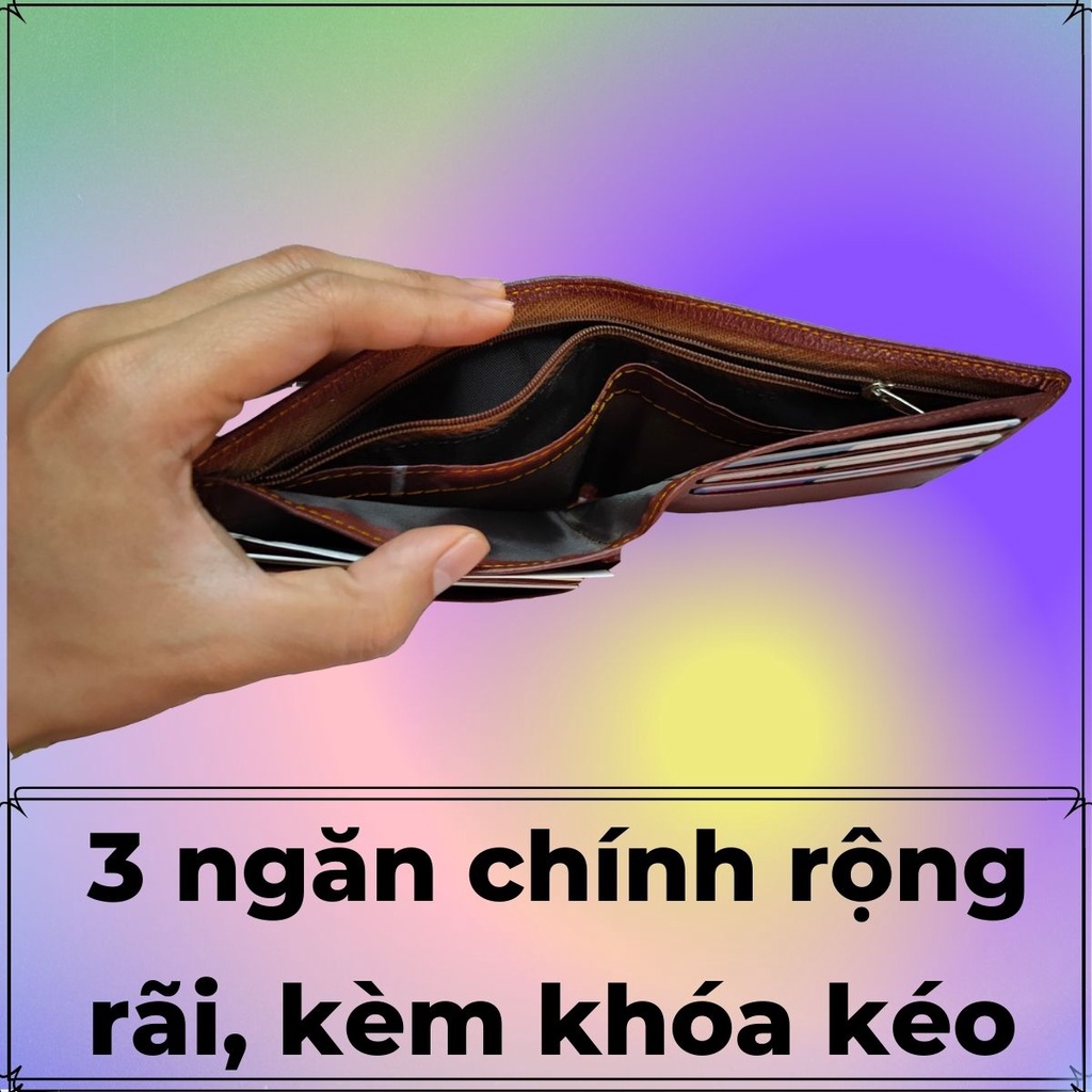 Ví da bò nam cao cấp dáng ngang - Không bong nổ, chất da mềm mại, 10 ngăn để thẻ - card kèm 3 ngăn chính  - B.Hành 3 năm