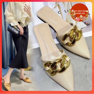 Sục nữ đẹp mũi nhọn viền xích cao cấp Hot 2021, giày sục nữ đế bằng cực xinh