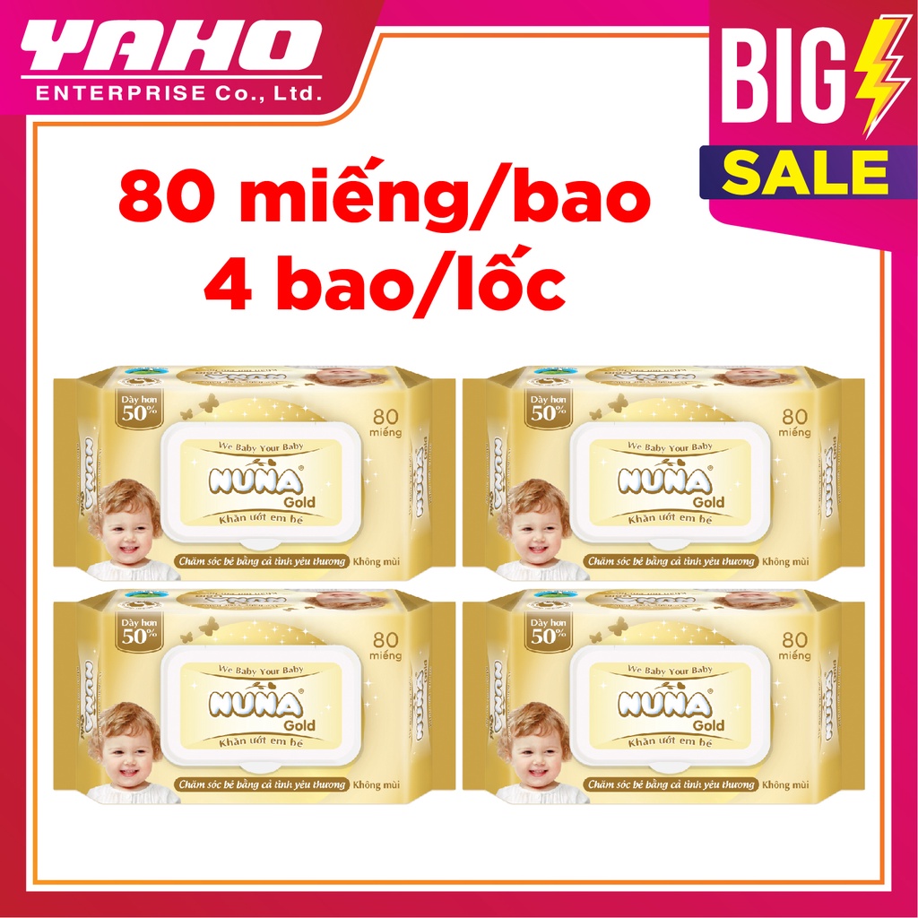 THIẾT KẾ  MỚI - Combo 04 Khăn Ướt Em Bé Nuna Gold Loại Siêu Dày 80 Miếng/bao Vải 60 GSM (MÀU NGẪU NHIÊN)