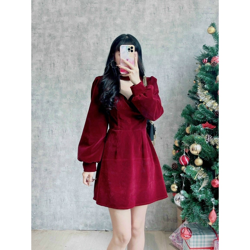 Váy Nhung Nữ Đỏ Đầm Chocker Cổ Tay Bồng Hở Ngực Tôn Dáng Sang Chảnh. | BigBuy360 - bigbuy360.vn