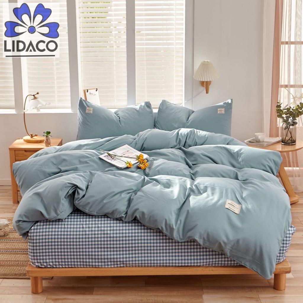 Bộ vỏ chăn ga gối cotton tici mix drap caro Lidaco cotton đũi trơn dày decor phòng ngủ vintage đủ mọi cỡ nệm