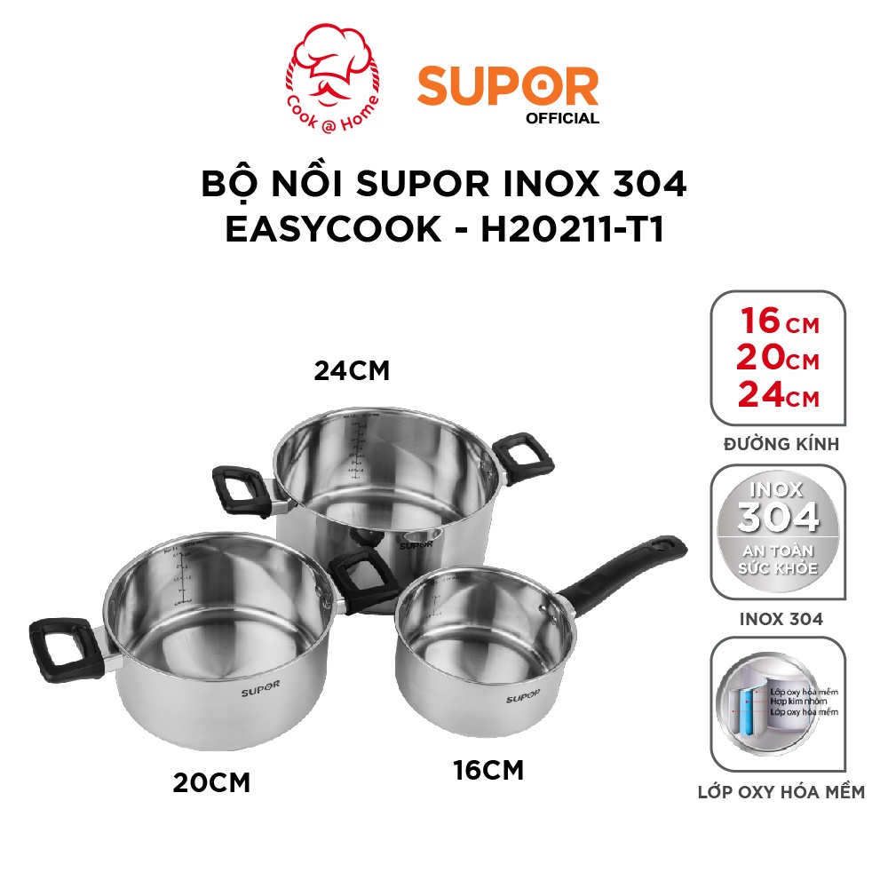 Bộ nồi Supor inox 304 Easycook size 16, 20, 24cm - H20211-T1