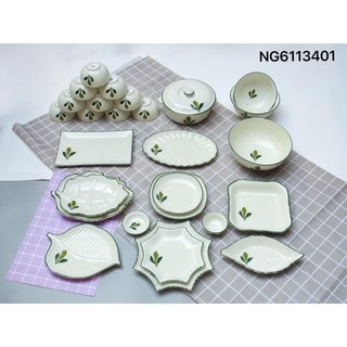 Bộ bát đĩa vẽ lá ngò gai men kem Bát Tràng - Bộ đồ ăn cao cấp Bát Tràng