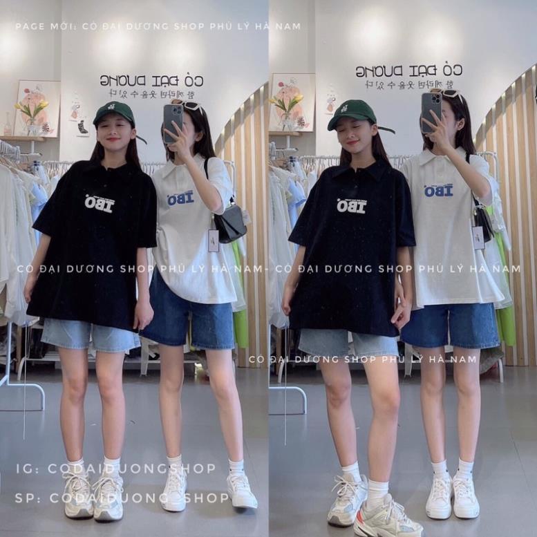 [BIG SALE] Áo thun POLO nữ tay lỡ có cổ phông form rộng freesize unisex mặc đi học, cặp, nhóm, lớp in chữ IBO Ngực