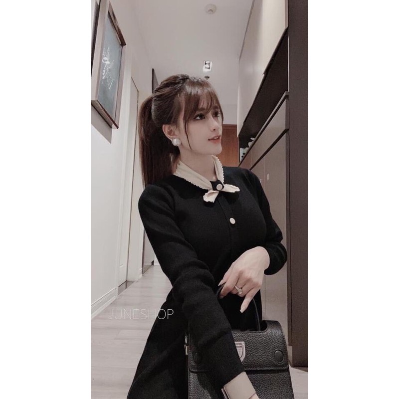 KÈM ẢNH THẬTVÁY LEN ĐEN CỔ NƠ XINH CÚC