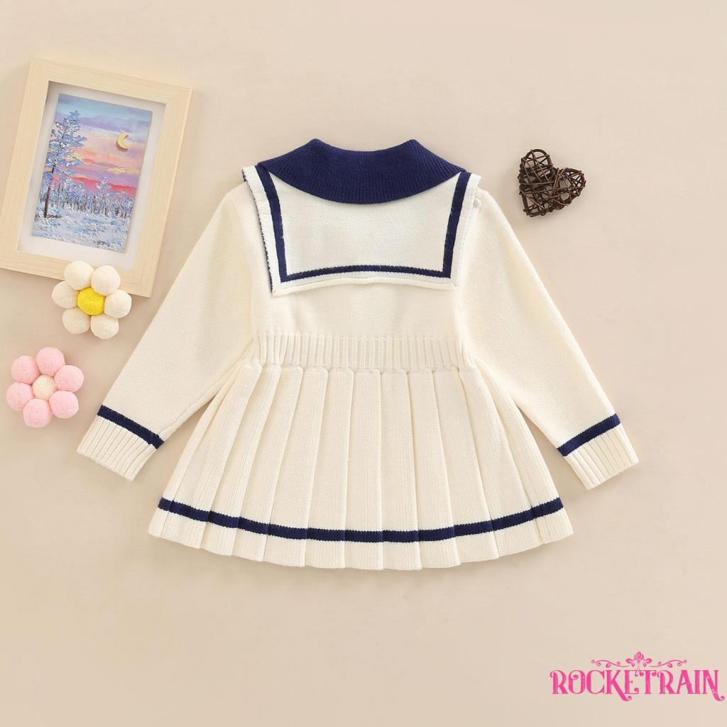 Đầm Len Dài Tay Cổ Thủy Thủ Màu Sắc Tương Phản Cho Bé Gái