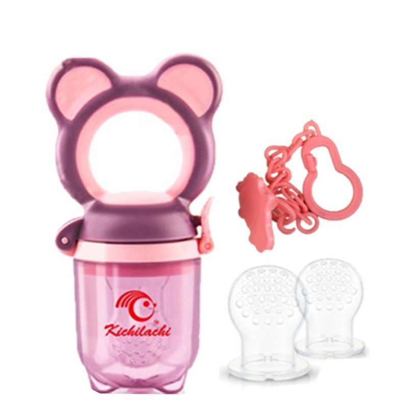 Túi nhai ăn dặm chống hóc silicone cao cấp, không chứa BPA hình gấu KICHILACHI có kèm 3 núm nhai và kẹp xích