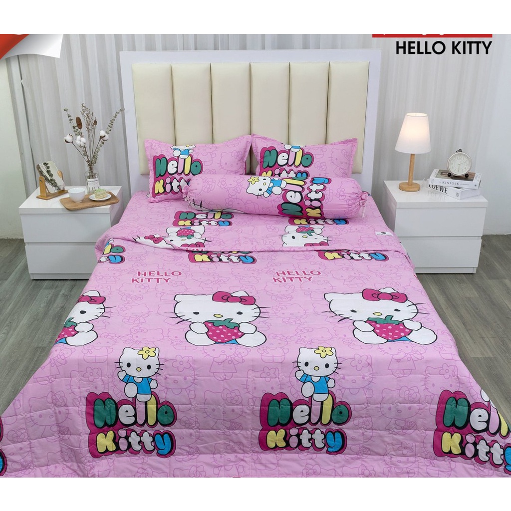 Bộ Ga Gối 1M5X2M,Set 3 món- Vải Cotton Polymẫu kitty ôm dâu