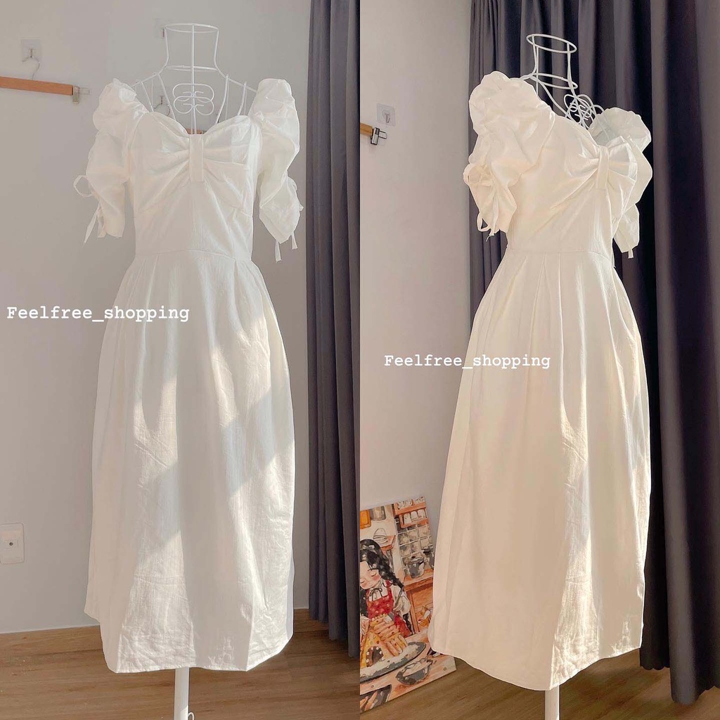 Đầm Trắng Dài Cúp Ngực Tay Phồng Thắt Nơ Hai Lớp Mặc Đi Tiệc, Đi Chơi, Kỷ Yếu (Hình Thật) | BigBuy360 - bigbuy360.vn