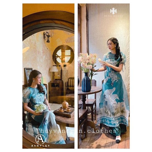 Áo dài tơ hoạ tiết mix quần suông lụa ASHLEY cao cấp