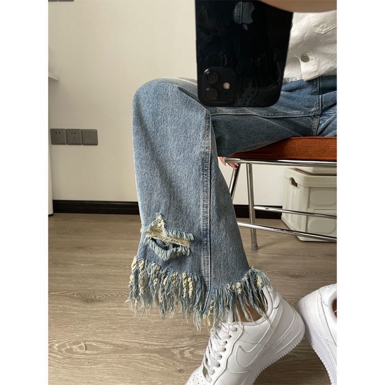 Jiashucheng Hàng Có Sẵn Quần Jean Ống Rộng Rách Gối Phong Cách Đường Phố Mùa Hè Mới Cho Nữ