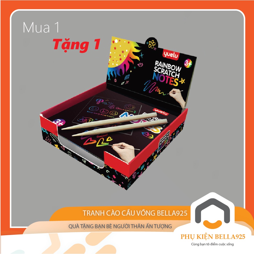 Tranh Bella925 combo thiệp chúc mừng chất liệu giấy than cào, khung nhựa và bút gỗ màu cầu vồng