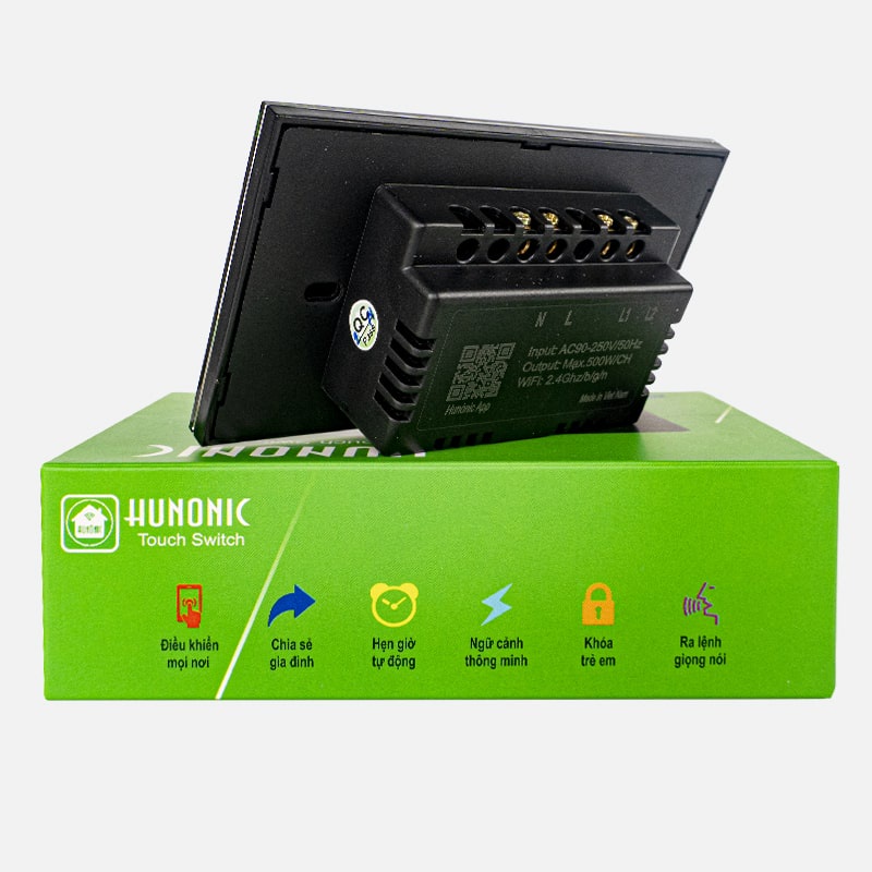 Công Tắc Thông Wifi Hunonic 2 Nút Kèm ổ Cấm, Điều Khiển Từ Xa Qua Điện Thoại