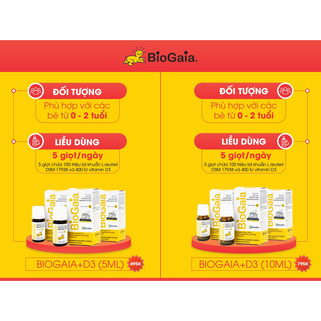 Men Vi Sinh Biogaia Kết Hợp Vitamin D3 - Tăng Cường Hấp Thu và Miễn Dịch, Giảm Nôn Trớ, Táo Bón, Ngăn Ngừa Còi Xương