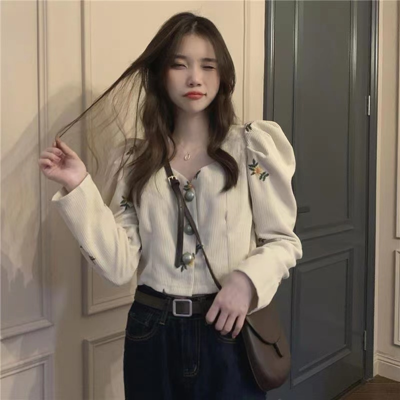 Mới Áo Kiểu Tay Dài Cổ Vuông Hoạ Tiết Hoa Phong Cách Retro