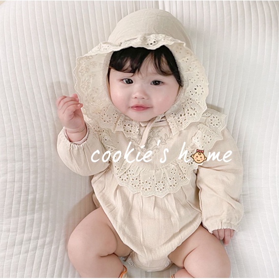 Body kèm nón màu nude phong cách vintage cho bé gái sơ sinh thôi nôi đầy tháng chụp studio