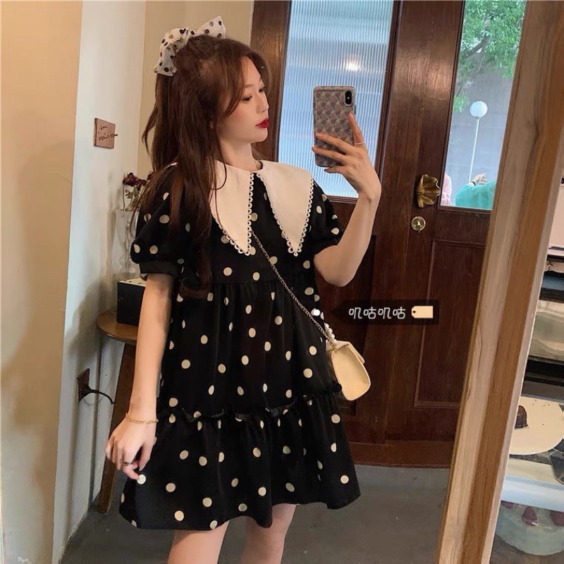 Đầm suông tay phồng cổ sen hoa tiết chấm bi Ulzzang